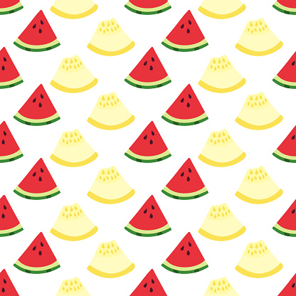 Pattern Pieces of watermelon and yellow melon. Triangle cut. Summer seamless pattern. Sweet fruits. Pulp with seeds. Juicy Food. Color image. isolated object. Vector illustration.