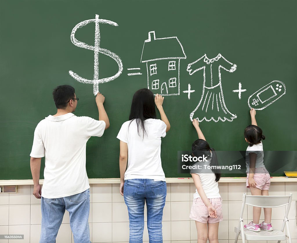 family drawing money house clothes and video game symbol family drawing money house clothes and video game symbol on the chalkboard Family Stock Photo