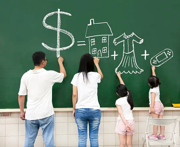 Photo of family drawing money house clothes and video game symbol