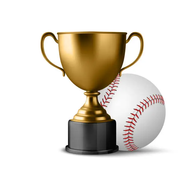 Vector illustration of Realistic Vector 3d Golden Champion Cup Icon wirh Baseball Set Isolated. Design Template of Championship Trophy. Sport Tournament Award, Gold Winner Cup and Victory Concept