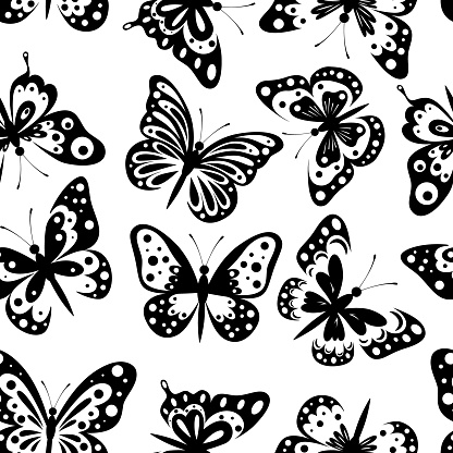 Vector Seamless Pattern with Butterfly. Different Black Butterflies on White Background. Decorative Design Element, Seamless Print. Vector illustration.