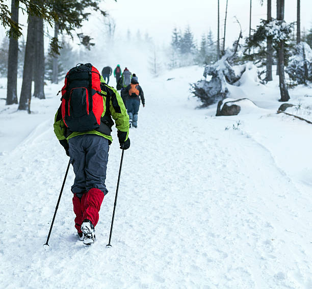 istock People hiking on snow trail in winter 156356885