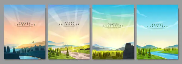 Vector illustration of Vector illustration. A set of mountain landscapes in a flat style. Natural wallpapers. Geometric minimalist, polygonal concept. Sunrise, path in meadow, forest trees by cliff, water stream by woods