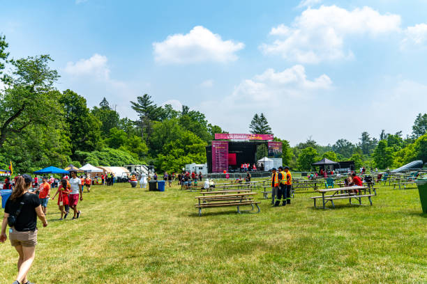 Woodbridge, Canada - July 1, 2023: People are celebrating Canada Day in Boyd Conservation Park, Woodbridge, Ontario, Canada.