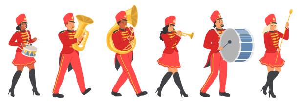 illustrations, cliparts, dessins animés et icônes de orchestre militaire adultes personnage marchant jouant d’un instrument de musique - hat band
