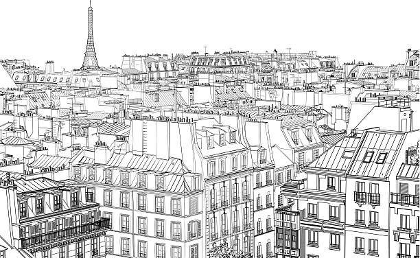 Paris at night vector illustration of roofs in Paris at night cityscape drawings stock illustrations