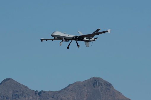 MQ-9 Reaper Drone flies training mission over Creech Air Force Base in Indian Springs, Nevada.