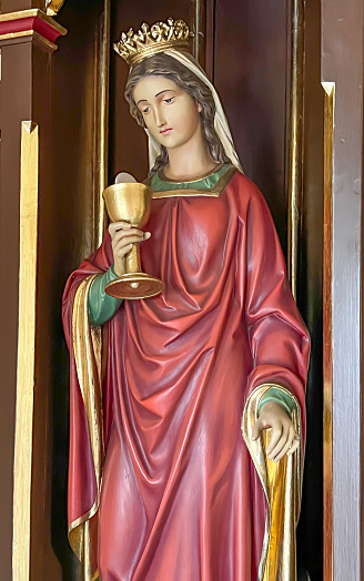 Tarnowskie Góry Strzybnica, Poland, July 01, 2023: Parish Church of the Sacred Heart of Jesus and Our Lady of Fatima in Strzybnica. Interior. Detail of the statue of Saint Barbara.