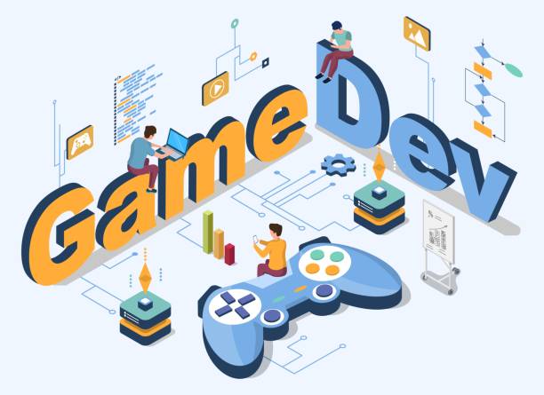 NFT game development company office open space NFT game development company office open space isometric 3d vector illustration. Group of people software developers programming code using laptop computer at workplaces game developer stock illustrations