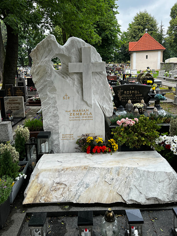 Zbroslawice, Poland, July 1, 2023: Grave of prof. Marian Zebala, a well-known Polish cardiac surgeon, transplanter, Member of Parliament, Minister of Health, at the cemetery at the Church of the Assumption of Mary in Zbroslawice, Poland.