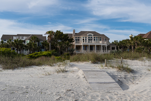 Beach Homes on Hatteras Island in Between a Wide Expanse of Tidal Dunes in North Carolina