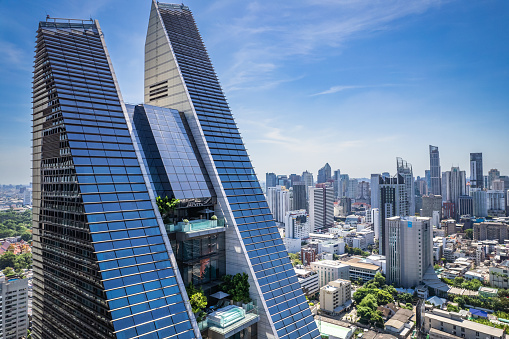 Aerial view of Ploenchit road in Bangkok Downtown, financial district and business center, Thailand, south east asia