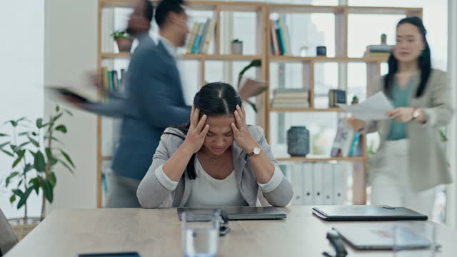 Woman, headache and stress in depression, anxiety and time lapse of chaos or busy office. Tired female person, mistake or overwhelmed employee in burnout, fatigue or business crisis at the workplace