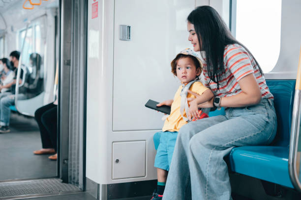 istock Asian Mother and son traveling by train 1563658285