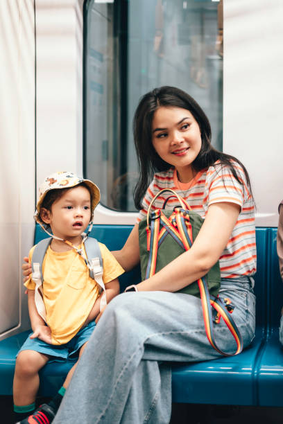 istock Asian Mother and son traveling by train 1563677441