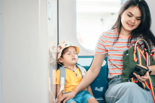 istock Asian Mother and son traveling by train 1563679650