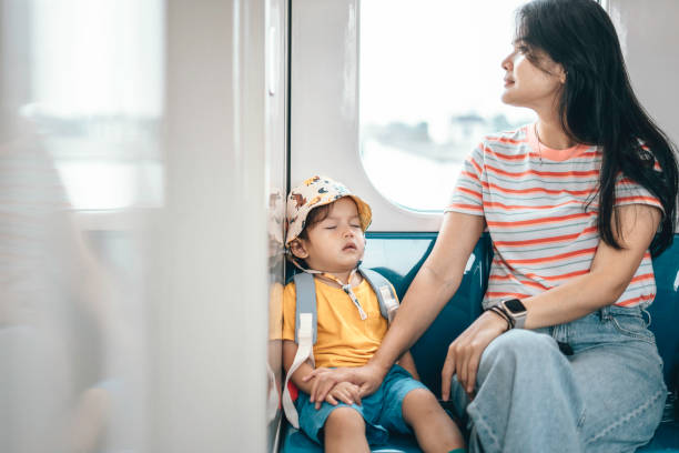 istock Asian Mother and son traveling by train 1563682388