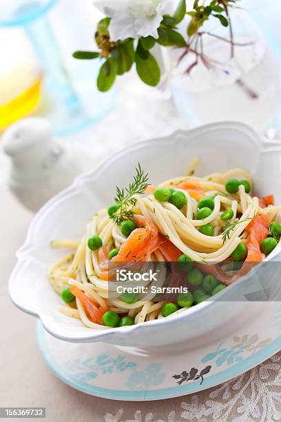 Spaghetti With Salmon Stock Photo - Download Image Now - Appetizer, Blue, Crockery
