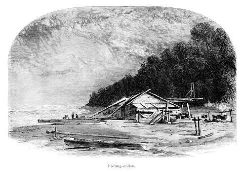 A fishing station on Lake Michigan. It is one of The Great Lakes and borders Michigan, Wisconsin, Illinois, and Indiana, all in the USA. It connects with Lake Huron through the Straits of Mackinac. Pen and pencil illustration engraving published 1872. This edition edited by William Cullen Bryant is in my private collection. Copyright is in public domain.