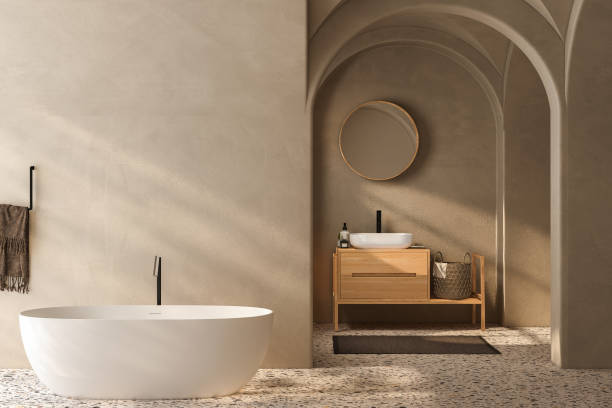 istock Beige bathroom interior with wooden vanity, bathtub, terrazzo floor. 3d rendering 1563705582