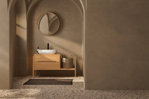 istock Beige bathroom interior with wooden vanity, bathtub, terrazzo floor. 3d rendering 1563705743