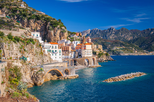 Atrani, Italy along the beautiful Amalfi Coast in the afternoon.