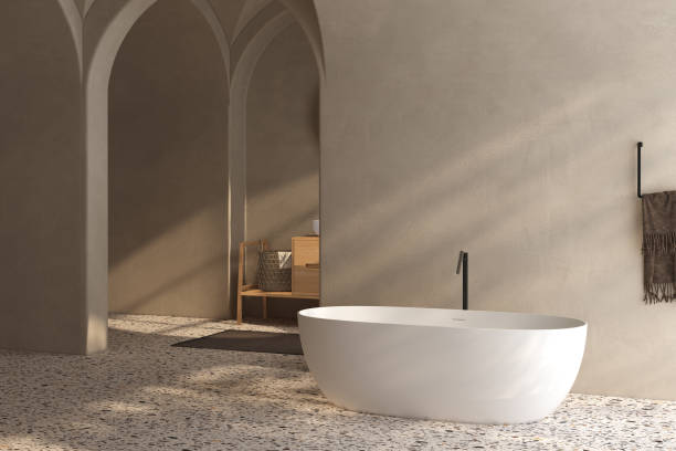 istock Beige bathroom interior with wooden vanity, bathtub, terrazzo floor. 3d rendering 1563720347