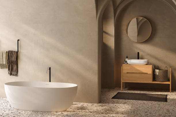 istock Beige bathroom interior with wooden vanity, bathtub, terrazzo floor. 3d rendering 1563729118