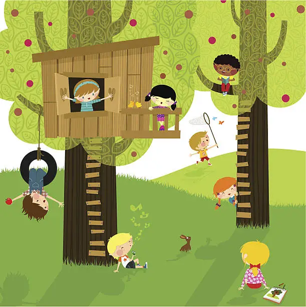 Vector illustration of Kids and nature. Summer camp. Playing & learning.