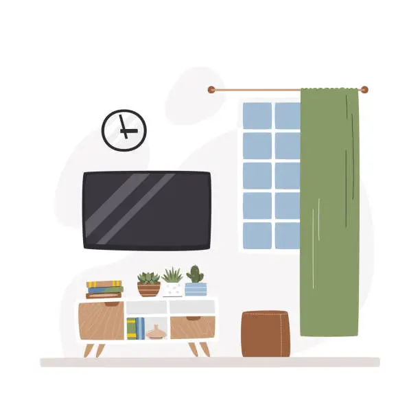 Vector illustration of TV zone with home decor as part of living room