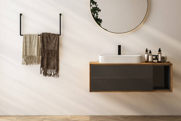 istock Bright bathroom interior with wooden vanity, parquet floor. 3d rendering 1563755553