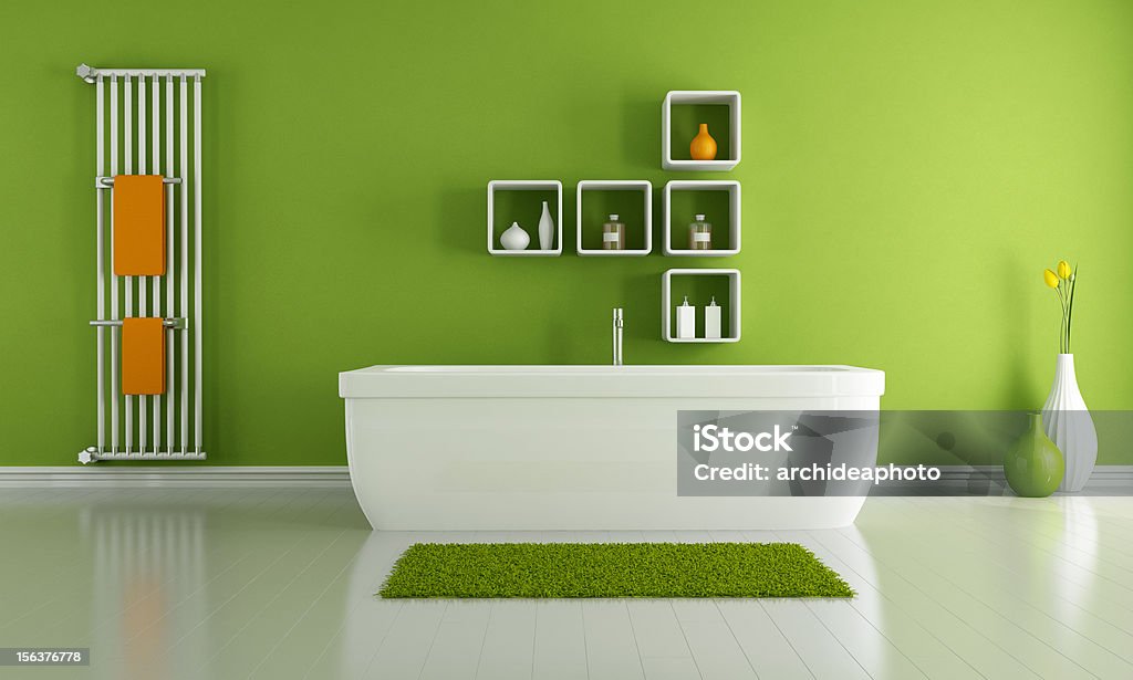green modern bathroom green modern bathroom with white bathroom and vertical radiator - rendering Radiator - Heater Stock Photo