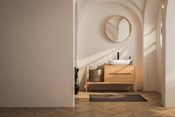 istock Bright bathroom interior with wooden vanity, bathtub, parquet floor 1563787068
