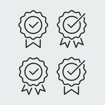 Check mark award icon set. Flat line art symbols template with fully editable stroke.