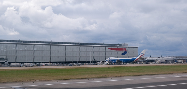 Heathrow, England, September 10 2021: Airplane British airways airways at London Heathrow Airport LHR. Aircraft is prepared for departure.