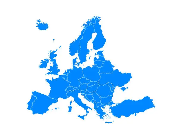 Vector illustration of Blue Europe map on a white background in flat style. Vector illustration