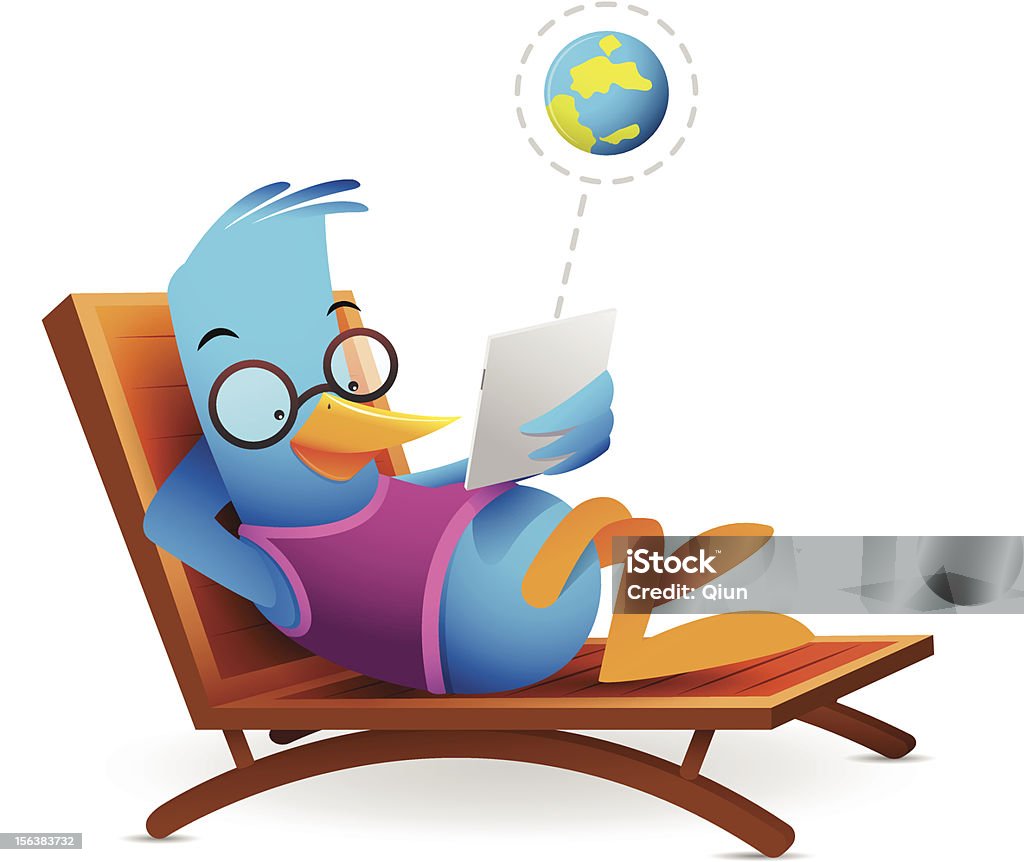 Niebieski ptak siedzący przy użyciu tabletu - Grafika wektorowa royalty-free (Nowoczesny)