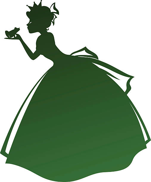 Profile drawing of woman holding frog and leaning in to kiss silhouette of a princess kissing a frog brothers grimm stock illustrations