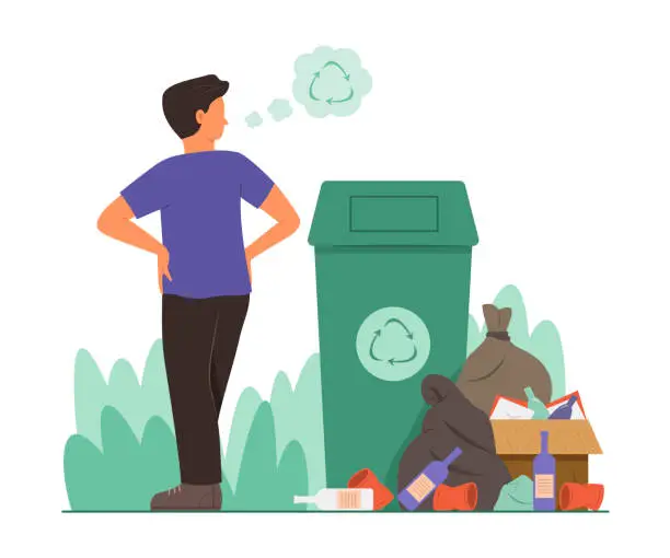 Vector illustration of Man Looking Heap of Garbage on Pathway and Thinking of Recycle