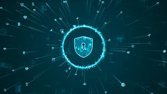 Blue digital security shield logo and ring rotation around logo with ai icon spread and line linked on abstract background with network firewall technology and data secure concept