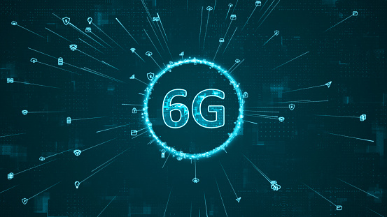 Blue digital 5G logo and ring rotation around logo with ai icon spread and line linked on abstract background with generation of connection concept