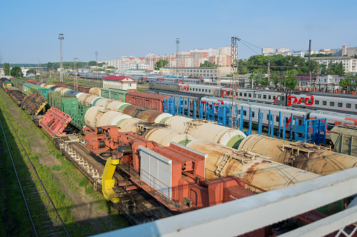 Kirov, Russia - June 24, 2018: Top view of railroad cars and freight cars