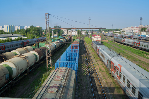 Kirov, Russia - June 24, 2018: Top view of railroad cars and freight cars