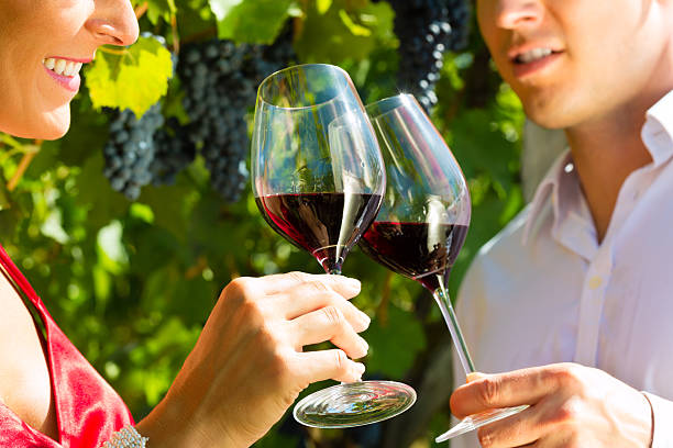 Woman and man standing at vineyard drinking wine