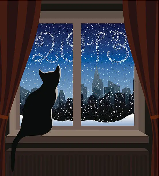 Vector illustration of Cat Looking at Winter City
