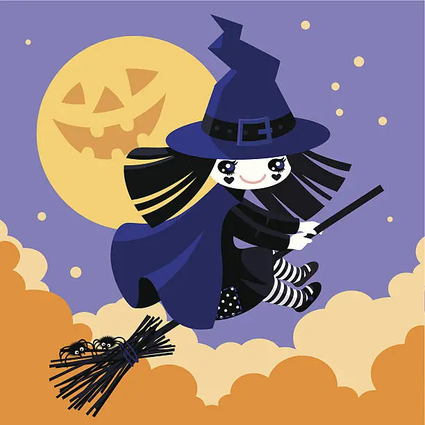 Vector illustration of Little Halloween  witch&pumpkin moon