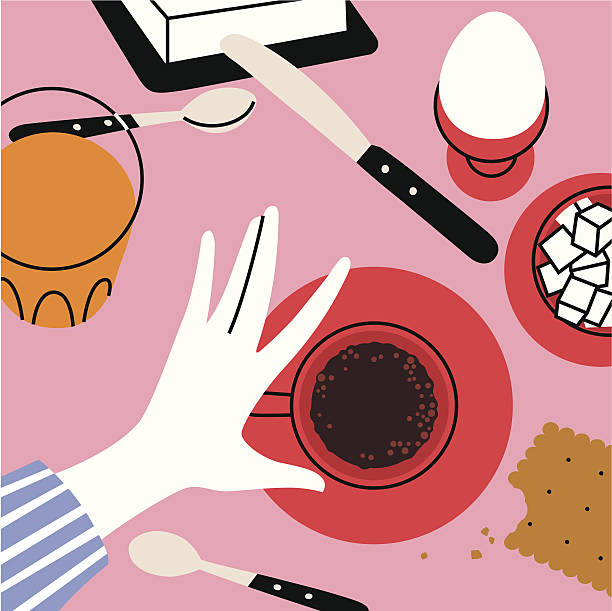 Hello! Man or woman are taking a breakfast. high angle view illustrations stock illustrations