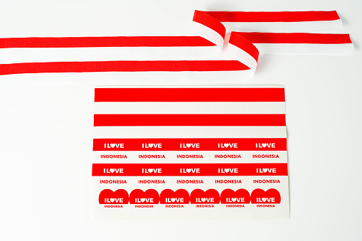 ribbon, red and white flag of Indonesia independence day August 17th, stiker i love indonesia, isolated on white background