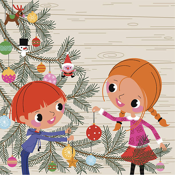 рождество дерево и детей - noble fir stock illustrations