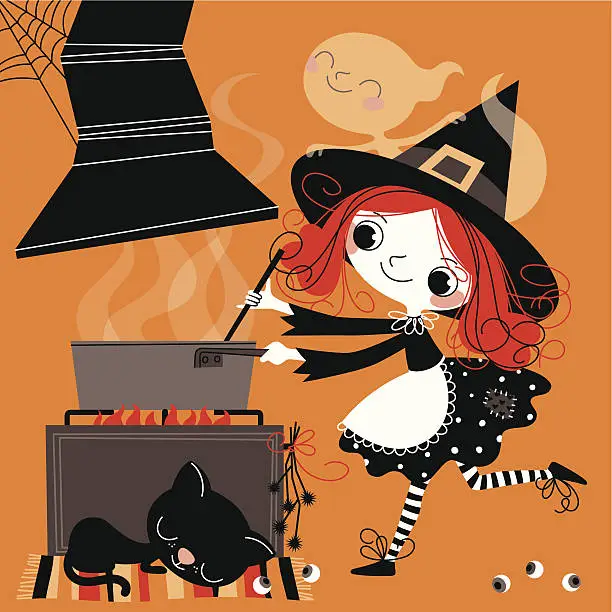Vector illustration of Witch cooking meal.